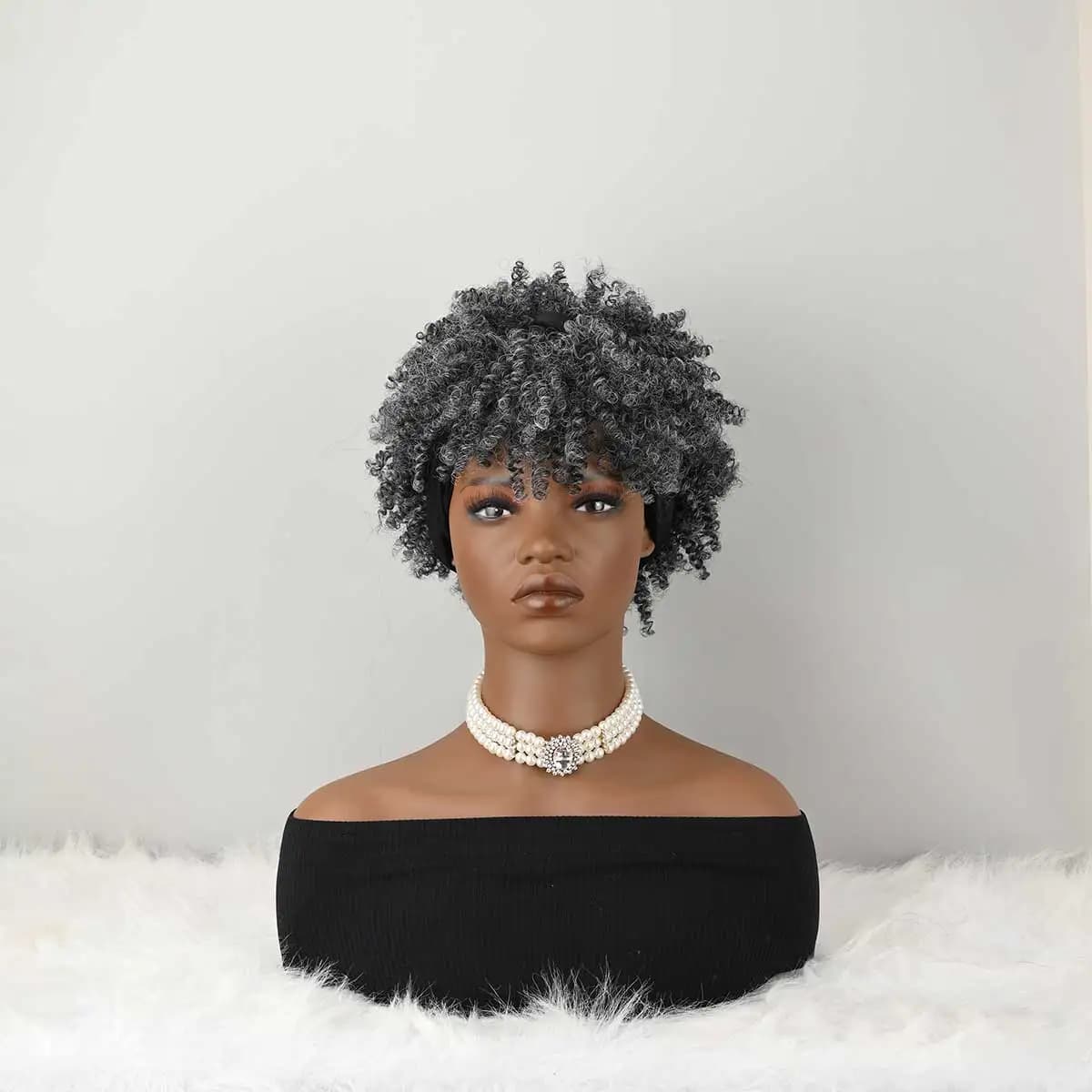 Headband Wig Curly Headband Wig With Bangs For Women Synthetic Afro Curly Hair Wig With Headband Attached Short Kinky Curly Afro High Puff With Bangs Stripes Short Red Curly Wigs with Bangs for Women, Natural Wavy Synthetic Wig, Fluffy Pixie Cut