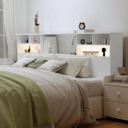 Bookcase Headboard with Charging Station & LED Lights, Wooden Storage Headboard with Open Cubby Shelves, Modern Bed Headboard for Queen/King Size