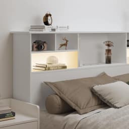 Bookcase Headboard with Charging Station & LED Lights, Wooden Storage Headboard with Open Cubby Shelves, Modern Bed Headboard for Queen/King Size