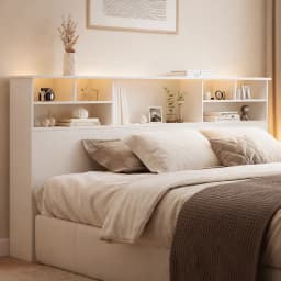 Bookcase Headboard with Charging Station & LED Lights, Wooden Storage Headboard with Open Cubby Shelves, Modern Bed Headboard for Queen/King Size