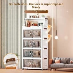 18.5in Wide Foldable Stackable Storage Cabinet With Wheels And Top Hooks, Clear Door Plastic Storage Organizer, Large Capacity Freestanding Cabinet, White, 1/2/3/4/5 Drawers Plus 1 Shelf, Suitable For Living Room, Bedroom, Kitchen, Bathroom