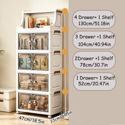 18.5in Wide Foldable Stackable Storage Cabinet With Wheels And Top Hooks, Clear Door Plastic Storage Organizer, Large Capacity Freestanding Cabinet, White, 1/2/3/4/5 Drawers Plus 1 Shelf, Suitable For Living Room, Bedroom, Kitchen, Bathroom
