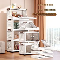 18.5in Wide Foldable Stackable Storage Cabinet With Wheels And Top Hooks, Clear Door Plastic Storage Organizer, Large Capacity Freestanding Cabinet, White, 1/2/3/4/5 Drawers Plus 1 Shelf, Suitable For Living Room, Bedroom, Kitchen, Bathroom