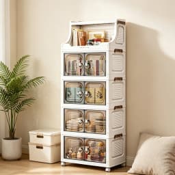 18.5in Wide Foldable Stackable Storage Cabinet With Wheels And Top Hooks, Clear Door Plastic Storage Organizer, Large Capacity Freestanding Cabinet, White, 1/2/3/4/5 Drawers Plus 1 Shelf, Suitable For Living Room, Bedroom, Kitchen, Bathroom