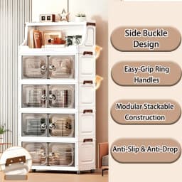 18.5in Wide Foldable Stackable Storage Cabinet With Wheels And Top Hooks, Clear Door Plastic Storage Organizer, Large Capacity Freestanding Cabinet, White, 1/2/3/4/5 Drawers Plus 1 Shelf, Suitable For Living Room, Bedroom, Kitchen, Bathroom