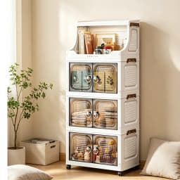 18.5in Wide Foldable Stackable Storage Cabinet With Wheels And Top Hooks, Clear Door Plastic Storage Organizer, Large Capacity Freestanding Cabinet, White, 1/2/3/4/5 Drawers Plus 1 Shelf, Suitable For Living Room, Bedroom, Kitchen, Bathroom