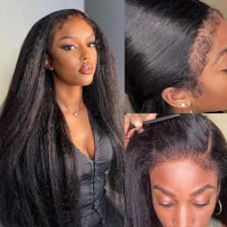 Kinky Straight Invisible Strap 360 Full Lace Wig Human Hair 220 Density Brazilian V Part Kinky Straight Wig No Leave Out No Sew In