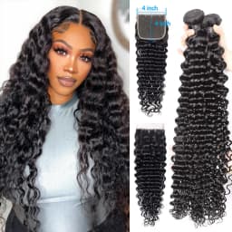 Deep Wave Bundles With Closure Brazilian Virgin Human Hair 3 Bundles With 4x4 Lace Closure for Black Women Natural Color 40 inch