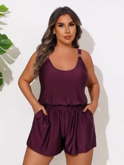Plus Size One Piece Romper Swimsuit Adjustable Straps Pocket Shorts Tummy Control Women Conservative Burgundy Bathing Suit Beach Swimwear