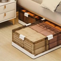 Foldable Under Bed Storage Box with Clear Transparent Flip Lid & Built-in Rolling Wheels, Collapsible Stackable Plastic Underbed Storage Container with Side Gripping Handles, Dustproof Low Profile Organizer for Clothes, Blankets, Bedding, Toys, Bedroom, D