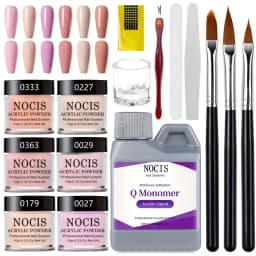 NOCIS Acrylic Powder Set: Professional Keratin Nude Pink Acrylic Powder Clear White Acrylic Nail Powder Acrylic Nail Kit for Beginner Manicurist Nail Extension Home Salon Nail Care & Liquid, Brush, Files, Forms, Press On Nails, Home Practice Set.