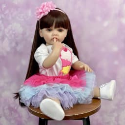 BZDOLL 55CM Full Soft Vinyl Body Reborn Baby Doll Toy for Brown Long Hair Princess Toddler Doll Handmade Birthday Gift for Child