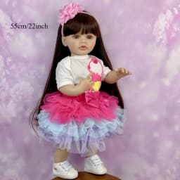 BZDOLL 55CM Full Soft Vinyl Body Reborn Baby Doll Toy for Brown Long Hair Princess Toddler Doll Handmade Birthday Gift for Child