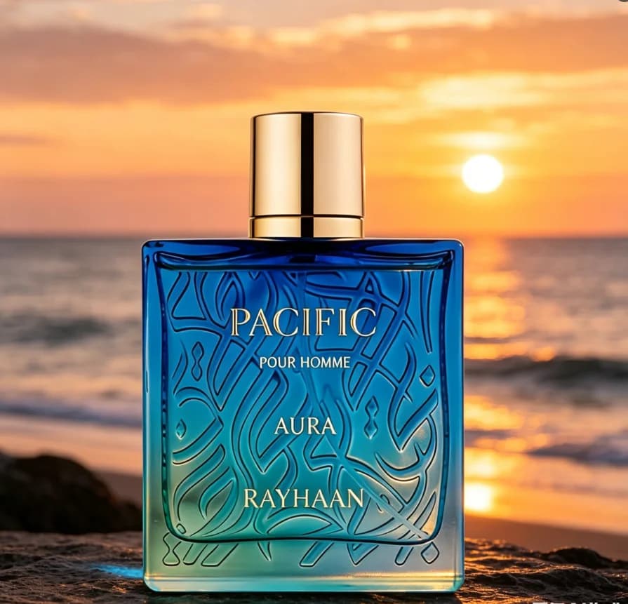 Rayhaan Pacific Aura Pour Homme Men's perfume Aquatic citrus fragrance, 3.4oz100ml, gradual blue-green ripple bottle body, visual sense of sea breeze