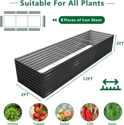Galvanized Steel Raised Garden Bed Kit for Outdoor Patio, 12x2x2ft Large Rectangular Metal Planter Box, Deep Root Planter for Vegetables, Flowers, Herbs - Black