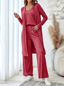 Plus Size Women 3 Piece Outfit Set, Long Sleeve Open Front Cardigan + Tank Top + Wide Leg Pants Loungewear