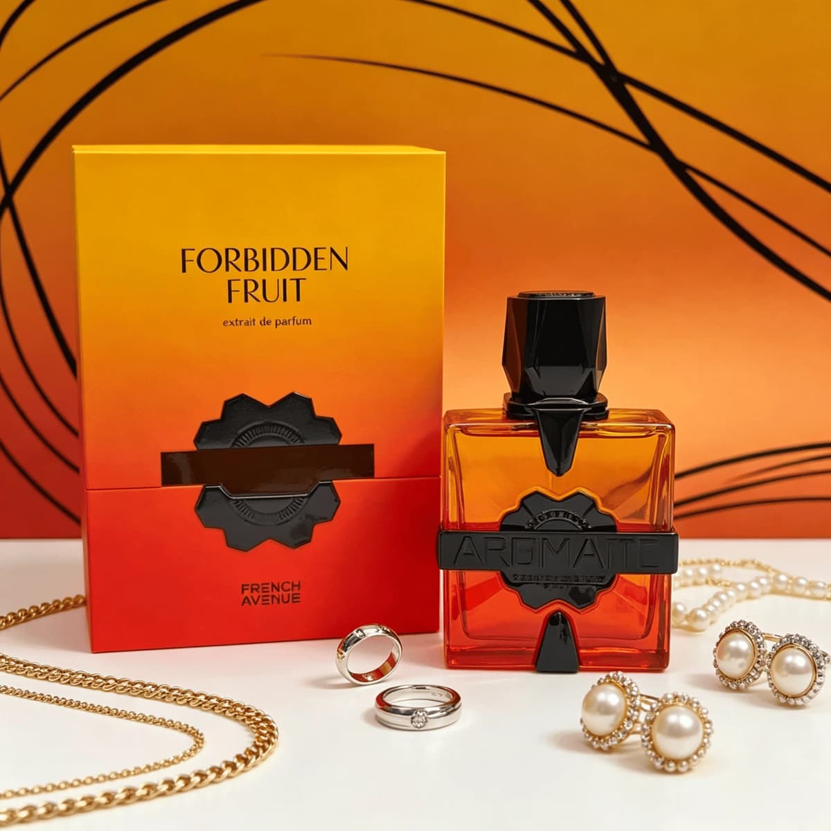 French Avenue Aromatix Forbidden Fruit Extrait De Parfum For Unisex Sweet Tangy Tropical Fruit Spicy Woody Aroma Long Lasting Transparent Orange-Red Gradient Cut Square Bottle With Matte Black Embossed Metal Badge Dating Valentine Party Present