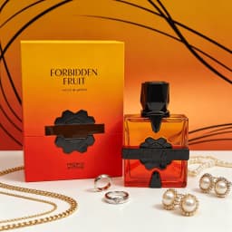 French Avenue Aromatix Forbidden Fruit Extrait De Parfum For Unisex Sweet Tangy Tropical Fruit Spicy Woody Aroma Long Lasting Transparent Orange-Red Gradient Cut Square Bottle With Matte Black Embossed Metal Badge Dating Valentine Party Present