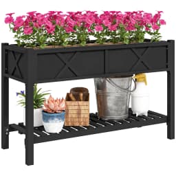 Wooden Raised Planter Box, 47 X 22 X 31.5 in Raised Flower Bed with Storage Shelf, Drainage Holes, and Liner, Black