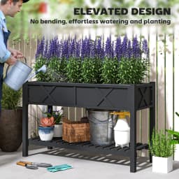 Wooden Raised Planter Box, 47 X 22 X 31.5 in Raised Flower Bed with Storage Shelf, Drainage Holes, and Liner, Black