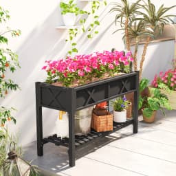 Wooden Raised Planter Box, 47 X 22 X 31.5 in Raised Flower Bed with Storage Shelf, Drainage Holes, and Liner, Black