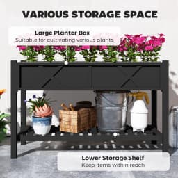 Wooden Raised Planter Box, 47 X 22 X 31.5 in Raised Flower Bed with Storage Shelf, Drainage Holes, and Liner, Black