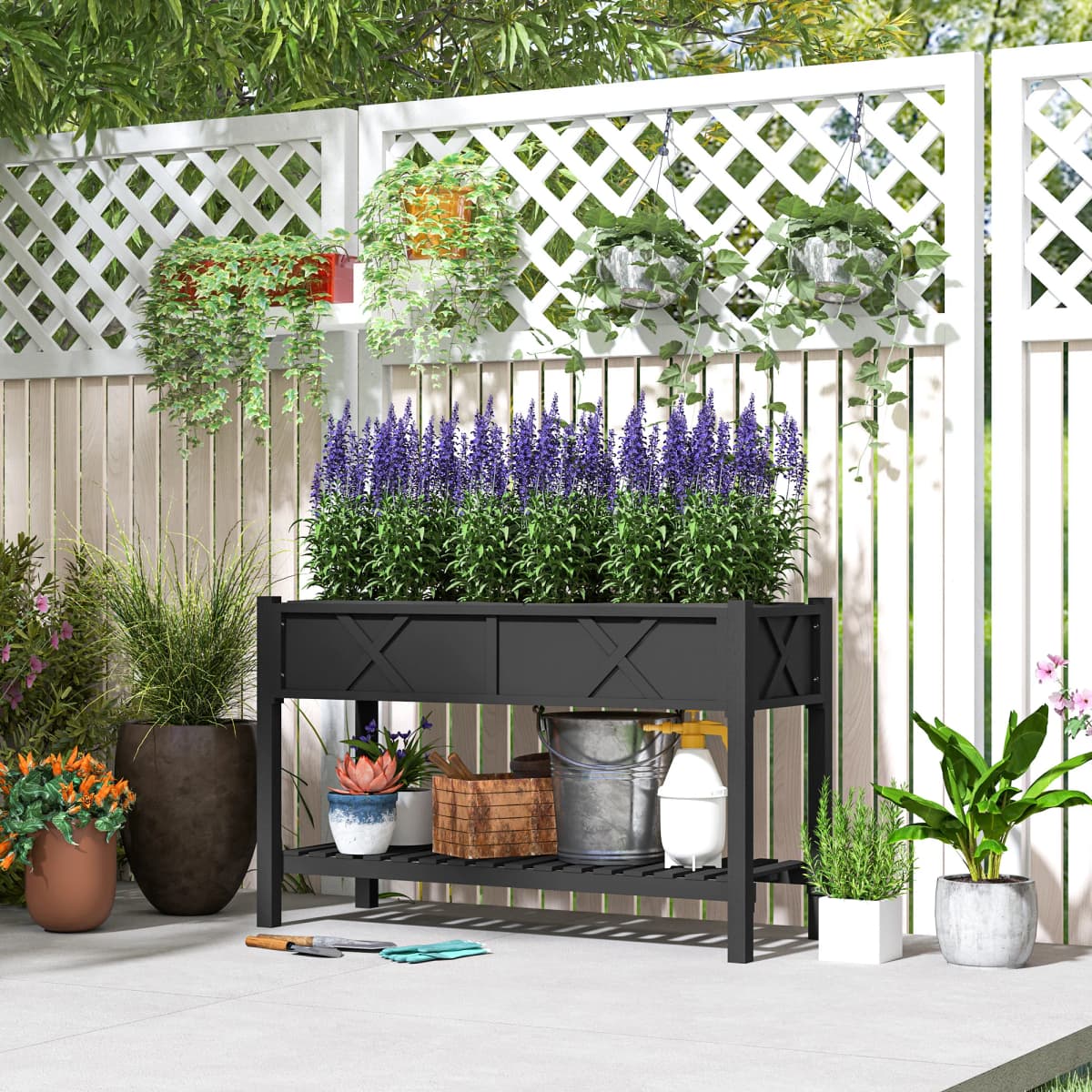 Wooden Raised Planter Box, 47 X 22 X 31.5 in Raised Flower Bed with Storage Shelf, Drainage Holes, and Liner, Black