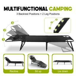 56cm Adjustable Folding Camping Lounge Chair with Removable Soft Cushion, 3 Position Reclining Portable Beach Tanning Chair, Heavy Duty 330 LBS Fold Up Outdoor Chaise Lounge for Pool Patio Office Napping Indoor & Backyard
