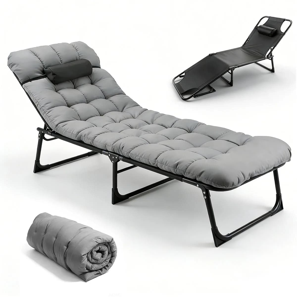 56cm Adjustable Folding Camping Lounge Chair with Removable Soft Cushion, 3 Position Reclining Portable Beach Tanning Chair, Heavy Duty 330 LBS Fold Up Outdoor Chaise Lounge for Pool Patio Office Napping Indoor & Backyard