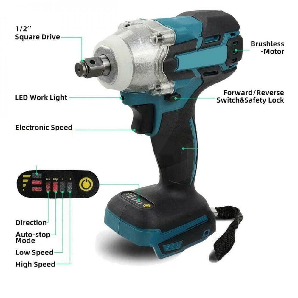 520N.M Torque Brushless Electric Impact Wrench 1/2 inch Cordless Electric Wrench Screwdriver Power Tool for Makita 18V Battery Pin