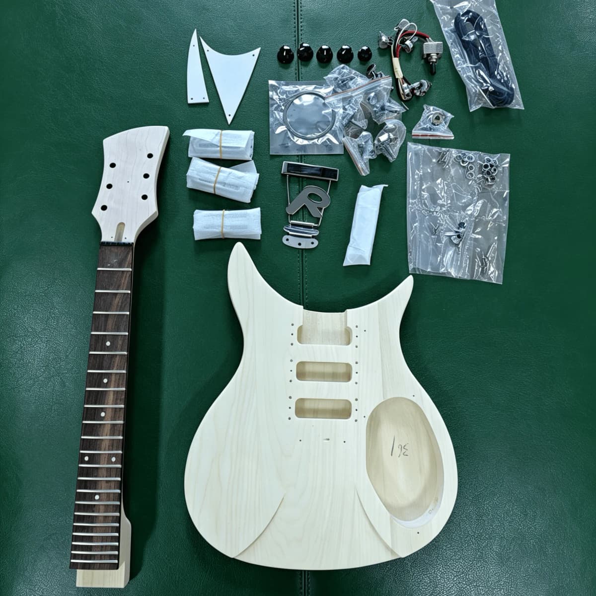 US Warehouse Unfinished Unique Offset Electric Guitar DIY Kit Basswood Blank Body & Neck SSS Single Coil Cavity Bigsby Tremolo System Full Complete Hardware Wiring Set Free Shipping