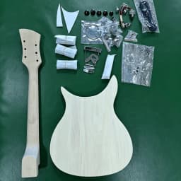 US Warehouse Unfinished Unique Offset Electric Guitar DIY Kit Basswood Blank Body & Neck SSS Single Coil Cavity Bigsby Tremolo System Full Complete Hardware Wiring Set Free Shipping