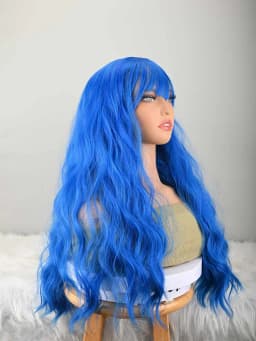 Blue Long Wig With Bangs Natural Hair Fiber Synthetic Cosplay Wig For Women And Girls, Perfect For Halloween,Christmas, Parties, And Cosplay