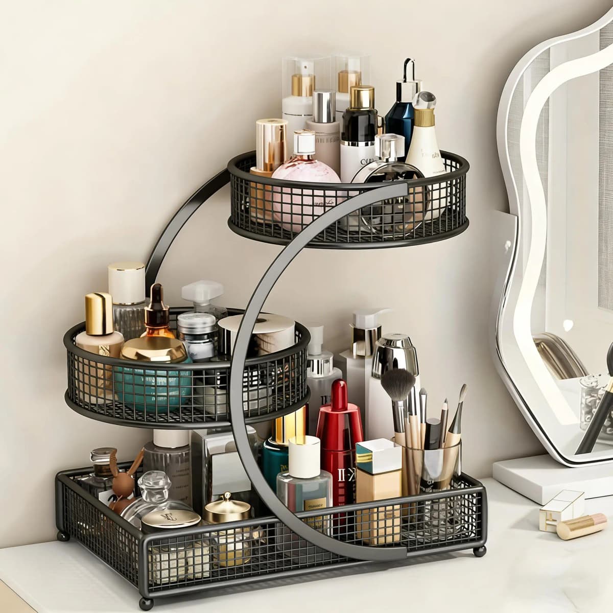 3 Layer Extra Large Cosmetic Storage Rack Polished Metal No Assembly Required for Bathroom Countertop Dressing Table Vanity