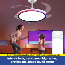 42-Inch Smart Retractable Ceiling Fan Light Breathtaking Lighting Effects, Full-Color RGB Dimming Strip with Memory Function, Bluetooth Speaker, and Convenient Control via App or Remote. Features a 6-Speed Reversible Fan for Quiet