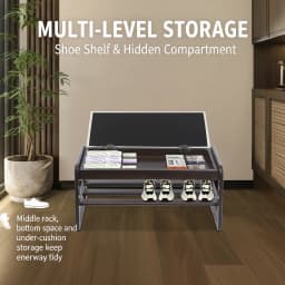 Modern Rubber Wood Shoe Storage Bench with Hidden Compartment, High-Elastic Sponge Cushion, A-Shaped Stable Legs Ventilated Shoe Rack for Entryway Bedroom Home Decor