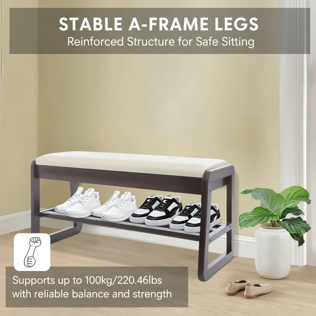 Modern Rubber Wood Shoe Storage Bench with Hidden Compartment, High-Elastic Sponge Cushion, A-Shaped Stable Legs Ventilated Shoe Rack for Entryway Bedroom Home Decor