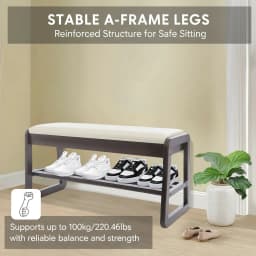 Modern Rubber Wood Shoe Storage Bench with Hidden Compartment, High-Elastic Sponge Cushion, A-Shaped Stable Legs Ventilated Shoe Rack for Entryway Bedroom Home Decor