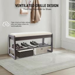 Modern Rubber Wood Shoe Storage Bench with Hidden Compartment, High-Elastic Sponge Cushion, A-Shaped Stable Legs Ventilated Shoe Rack for Entryway Bedroom Home Decor