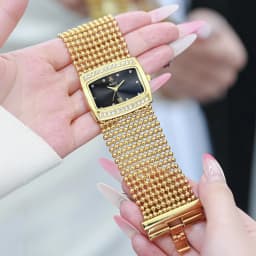 YaLaLuSi Multi Strand Gold Bead Mesh Ladies Watch Rectangle Crystal Bezel Black Dial Luxury Women Quartz Wristwatch Gift