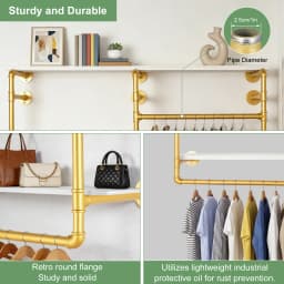 Wall Mounted Industrial Pipe Clothes Rack, Heavy Duty Garment Hanging Rod with Detachable Iron Bar, Multi-Purpose Space Saver Closet Storage Organizer for Bedroom Laundry Room Cloakroom and Retail Display