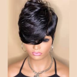 Short Wavy Wig with Bangs Brazilian Remy Human Hair Pixie Cut Natural Black Wavy Styles Everyday Wig Full Machine Made