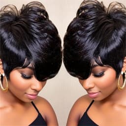 Short Wavy Wig with Bangs Brazilian Remy Human Hair Pixie Cut Natural Black Wavy Styles Everyday Wig Full Machine Made