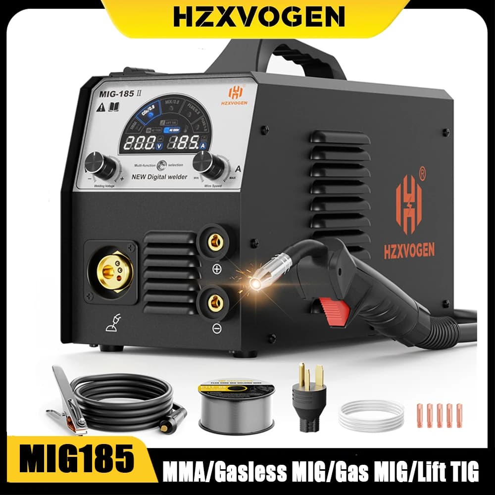 Hzxvogen Mig185 Multi-Process Welder 4 in 1 Mma/Gasless Mig/Gas Mig/Lift Tig Synergy Control Led Screen Inverter Welding Machine
