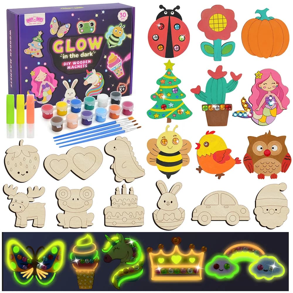 DIY Wooden Magnets Wood Crafts Kit for Kids Glow in The Dark, Arts Supplies Painting Kit, Fun Party Favors for Christmas Gifts