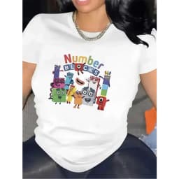 【New Arrival】Rainbow Letter Numberblocks Group Cartoon Print Tee Women Preschool Math Show Casual Short Sleeve Daily T-shirt