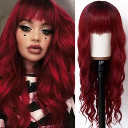 Hand-knitted Long Curly Hair Wig, Female Bangs, Wine Red Wavy Long Hair