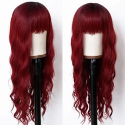 Hand-knitted Long Curly Hair Wig, Female Bangs, Wine Red Wavy Long Hair