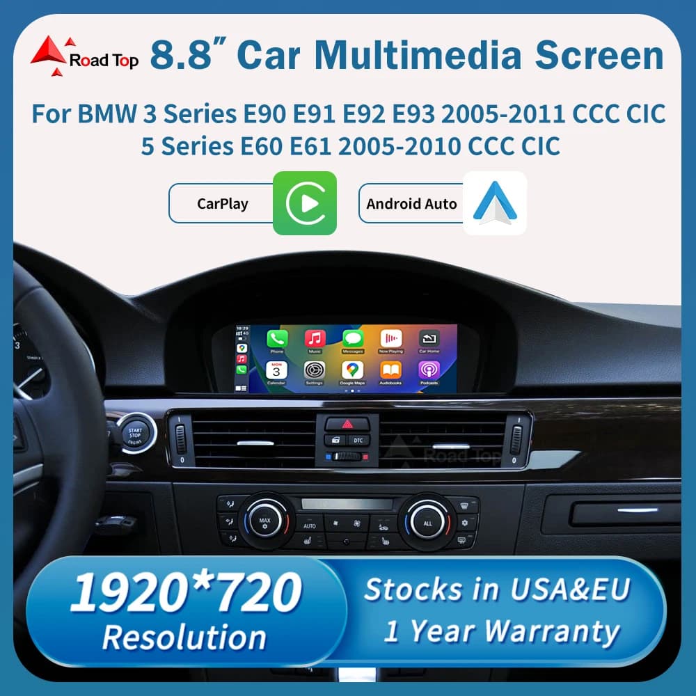 Road Top 8.8'' Wireless Carplay Android Auto Multimedia Display Screen For BMW 3 Series E90 E91 E92 E93 5 Series E60 E61 CCC CIC