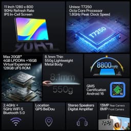 SVITOO Tablet 2026 Android 16 11 Inch 90Hz HD IPS Screen Unisoc T7250 Octa-Core Processor 4GB Physical RAM + 16GB Virtual RAM 128GB ROM 1TB Expandable 8800mAh Battery 2.4GHz 5GHz Dual Band WiFi 5 Bluetooth 5.0 GPS Widevine L1